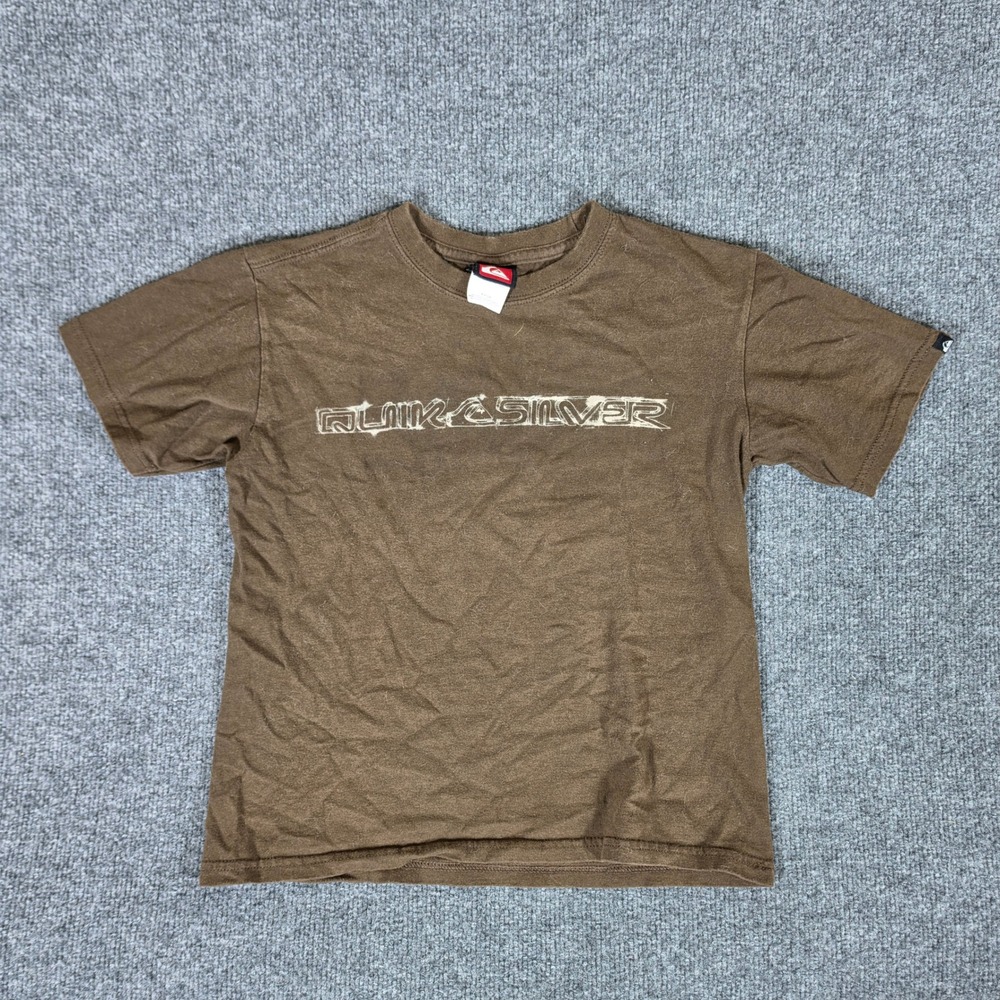Y2K Quiksilver Kids Small Brown Graphic T-Shirt Short Sleeve Double Sided Surf